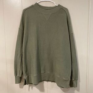 Aerie Ribbed Oversized Sweatshirt XS Green Crewneck Cozy Lounge Top